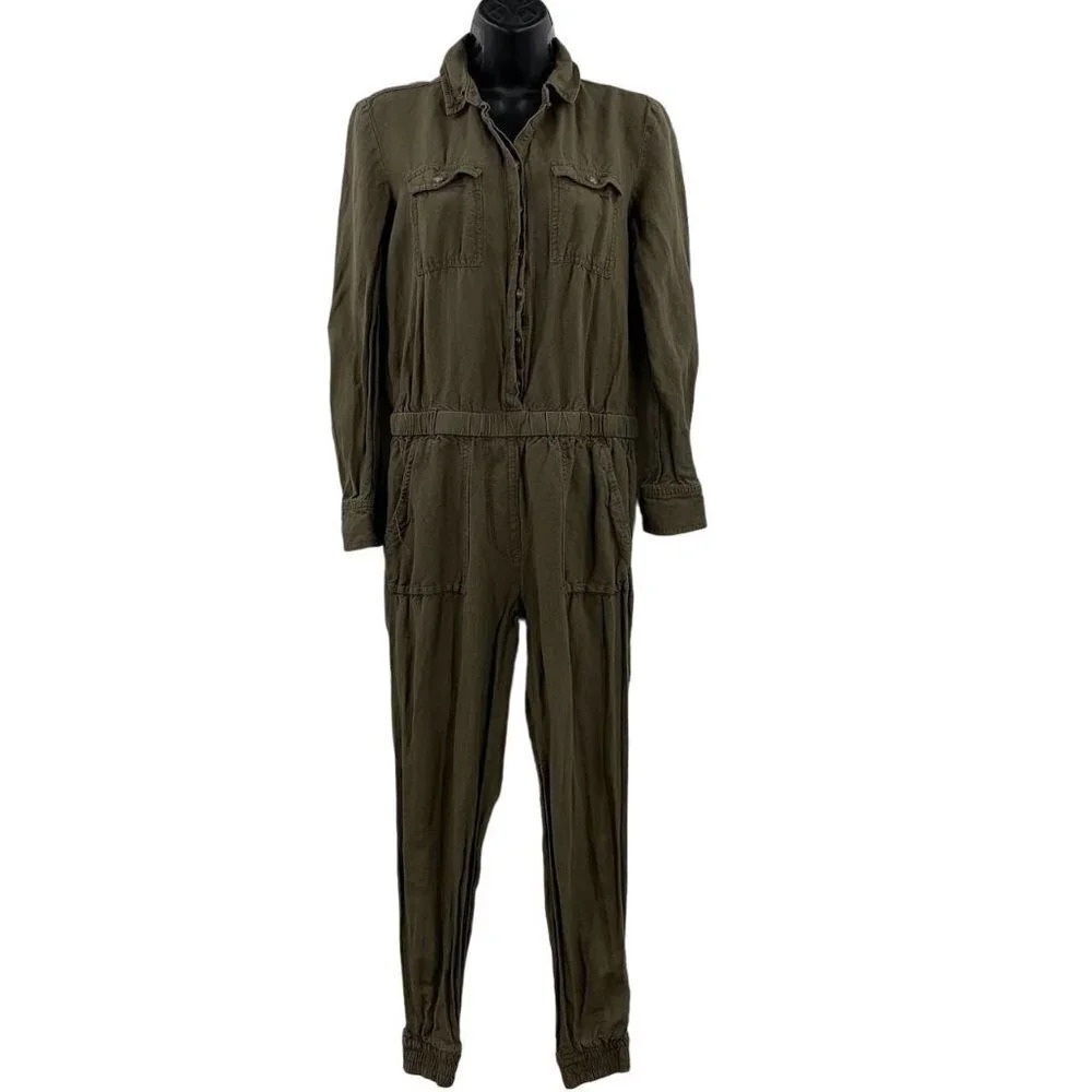 Ann Taylor Loft Women's Linen Blendā Long Sleeve Elastic Waist Jumpsuit Size XS